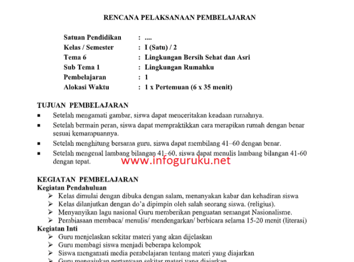 Contoh rpp 1 lembar sd kelas 1